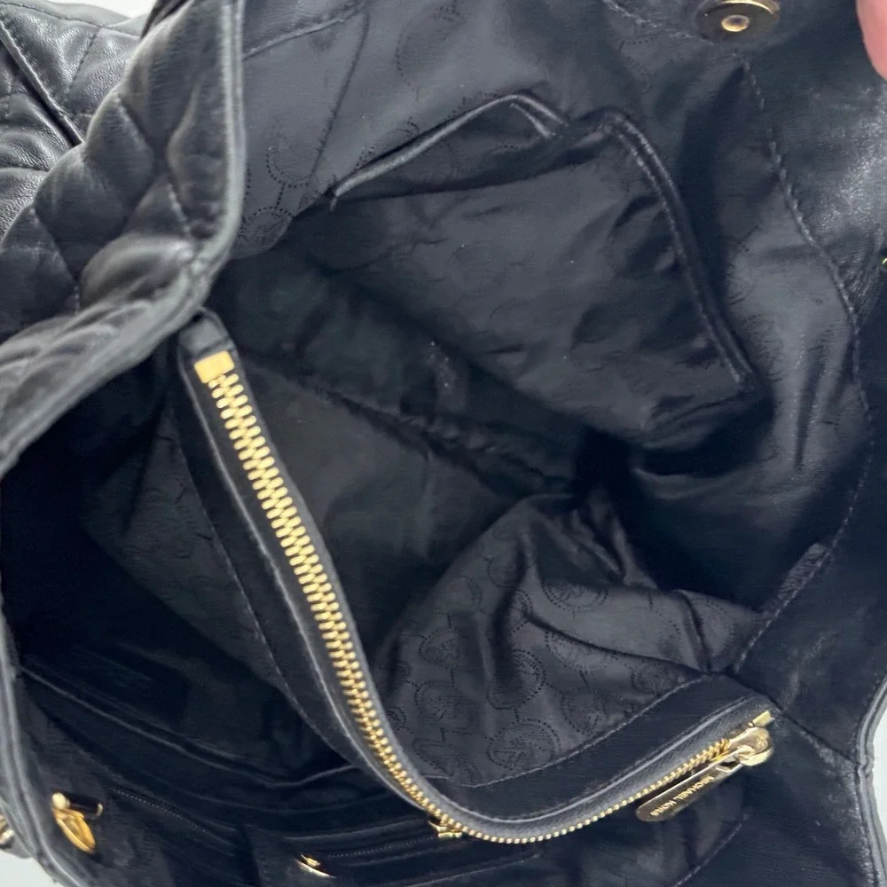 Michael Kors Susannah Quilted Leather Shoulder Bag Large Black Gold Chain Tote